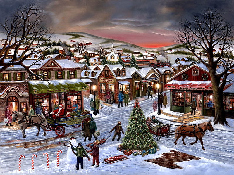 Jingle all the way, christmas, snow, people, village, horse, winter, hills, sleigh, cart, santa, tree, HD wallpaper