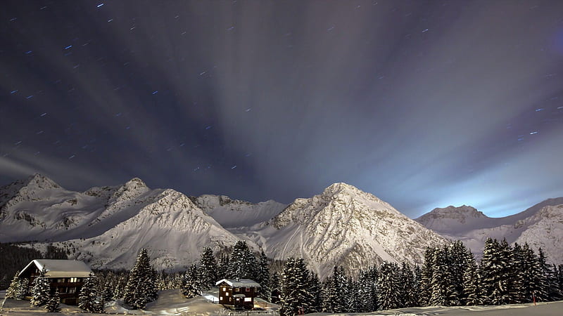 stars over mountain chalets, forest, stars, mountains, chalets, sky, winter, HD wallpaper
