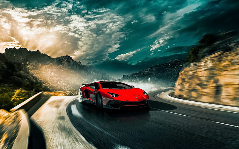Lamborghini Aventador SV drift, 2018 cars, road, red Aventador, supercars, Lamborghini, HD wallpaper