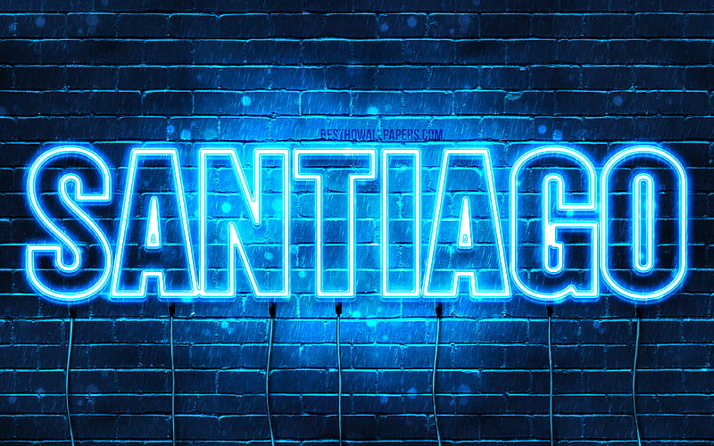 Santiago with names, horizontal text, Santiago name, blue neon lights, with Santiago name, HD wallpaper
