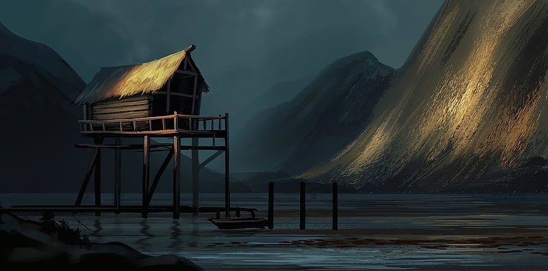 hut, water, slope, art, HD wallpaper