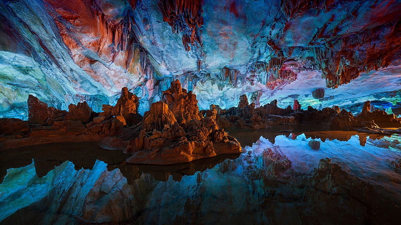 Reed Flute Cave, cave, rocks, Guilin Guanqxi, water, China, Peter Stewart, reflection, HD wallpaper