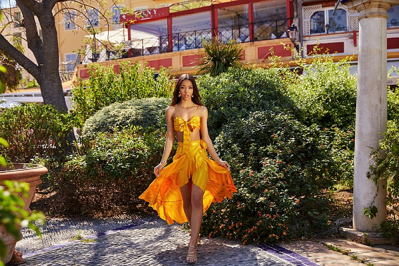 Lia Lin in a Golden Dress, model, dress, asian, brunette, outdoors, HD wallpaper