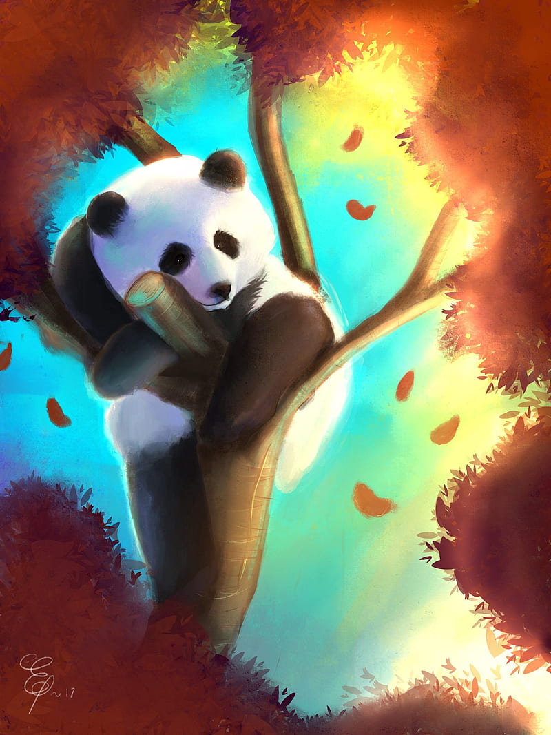 panda, cute, tree, art, colorful, HD phone wallpaper