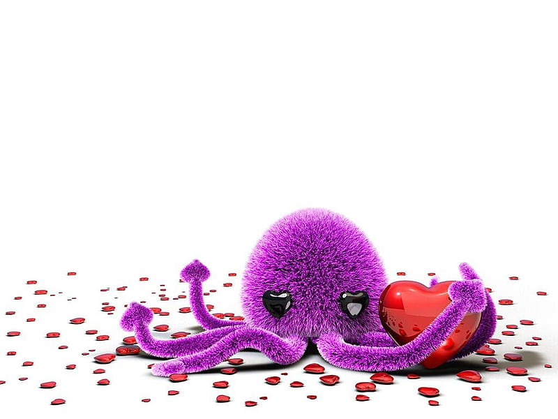 Cute stuff, cute, octopus, purple, red heart, thing, stuff, HD wallpaper