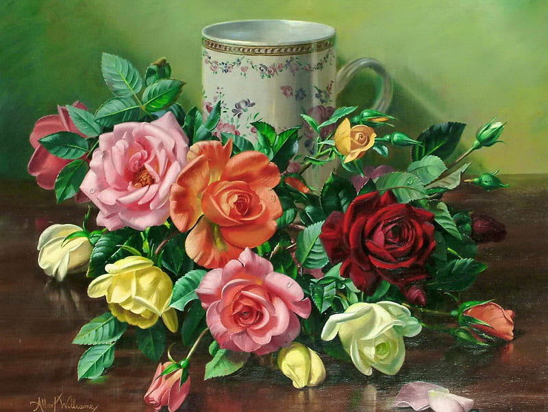 Tea with roses, pretty, colorful, bonito, fragrance, tea, still life, nice, painting, flowers, tender, art, lovely, scent, delicate, roses, bouquet, tea time, cup, HD wallpaper