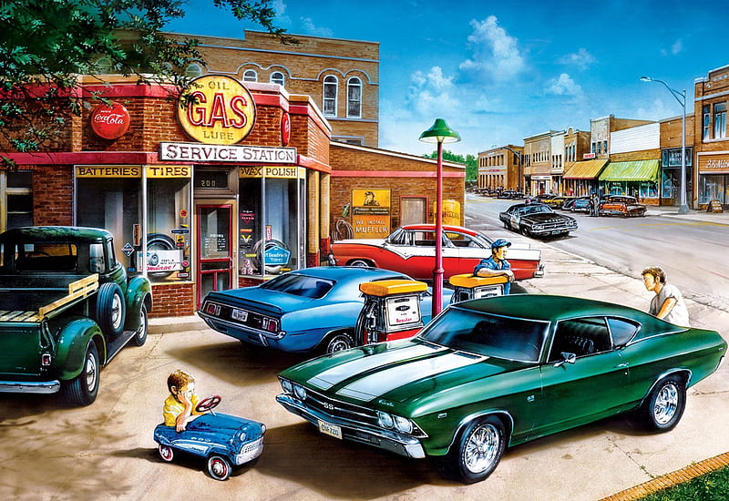Muscle Car Dreams, artwork, painting, cars, house, village, child, HD wallpaper