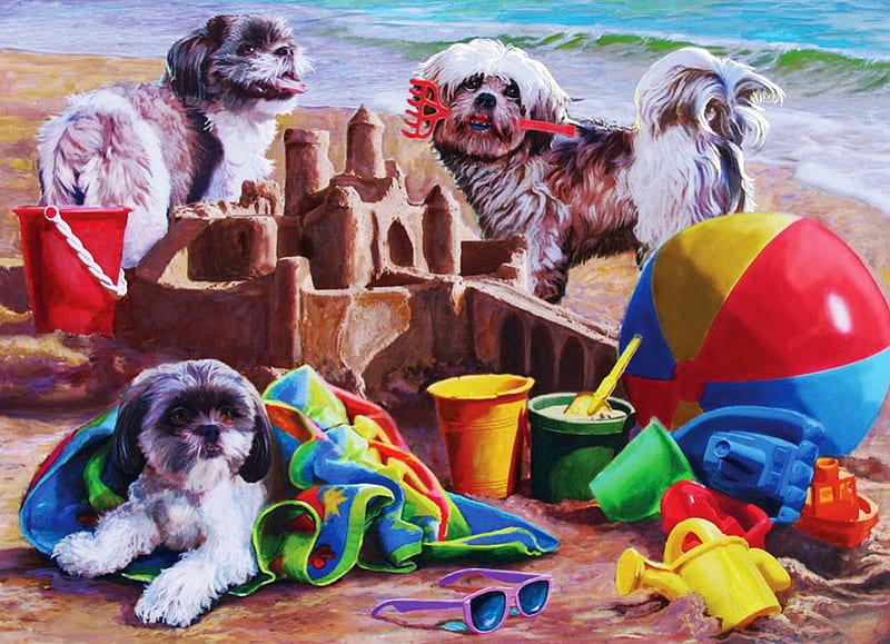 Beach Puppies, ball, blanket, toys, artwork, dogs, sea, HD wallpaper