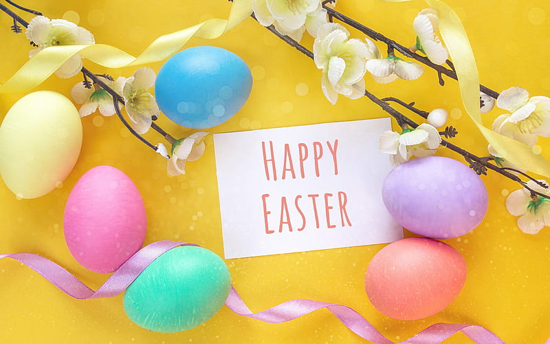 Happy Easter, Easter eggs, spring, cherry blossom, colorful eggs, congratulations, HD wallpaper