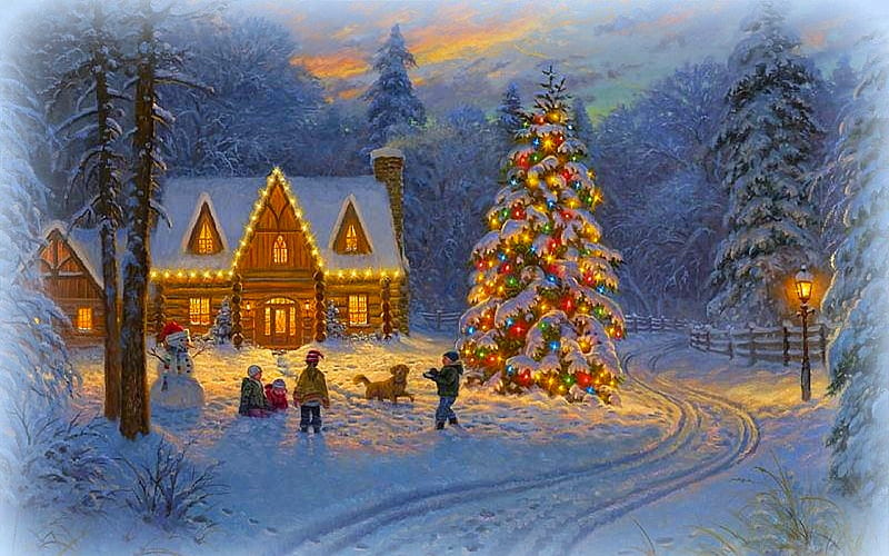 Smokey Mountain Christmas, Christmas, holidays, warm, Mountain, home, winter, holiday lights, snow, Outdoors, painting, nature, kids, HD wallpaper
