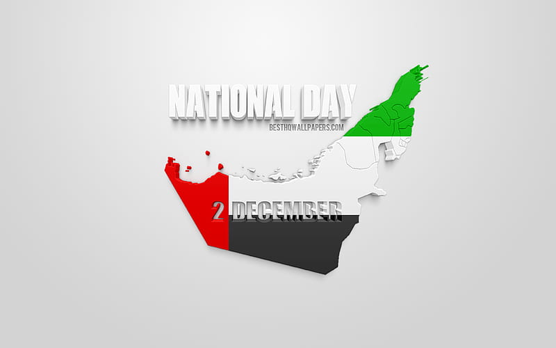 UAE National Day, 2 December, United Arab Emirates, UAE map silhouette, 3d flag of UAE, creative 3D art, greeting card, national holidays of the UAE, HD wallpaper