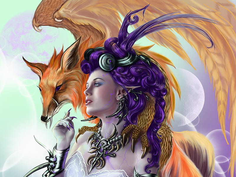 Flying fox, art, fantasy, jerldine randolph, vulpe, girl, purple, orange, luminos, HD wallpaper