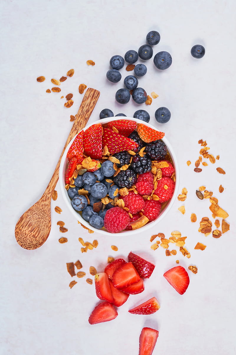 strawberry, blueberry, blackberry, berries, cereal, bowl, HD phone wallpaper