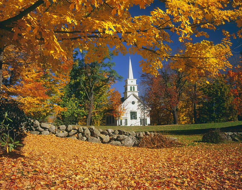 Autumn in New Hampshire, fall, pretty, autumn, falling, bonito, foliage, countryside, leaves, nice, calm, New Hampshire, quiet, lovely, golden, church, sky, trees, serenity, slope, peaceful, branches, HD wallpaper