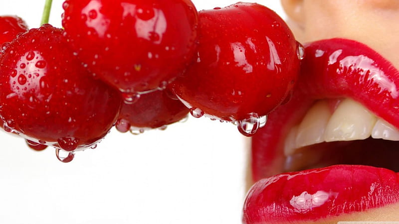 Cherry lips..., cherries, glossy, wet, lips, HD wallpaper