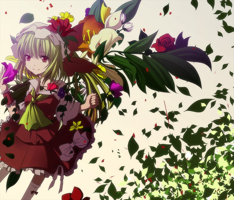 Flandre Scarlet, wings, dress, hat, girl, anime, touhou, flower, anime ...