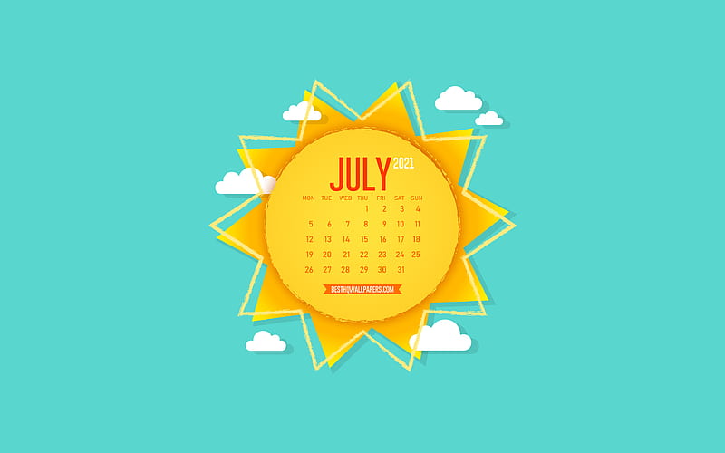 2021 July Calendar, creative sun, paper art, background with the sun, July, blue sky, 2021 summer calendars, July 2021 Calendar, HD wallpaper