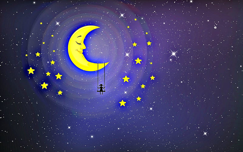 Among stars, stars, girl, swing, Moon, moon, sky, night, carmencitazapacita, HD wallpaper