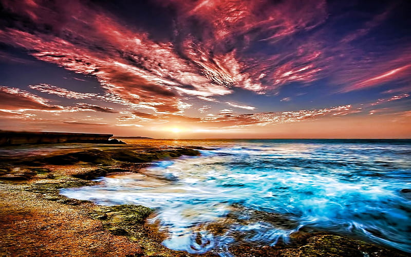 Colorful sky over a beach r, beach, surf, colors, r, clouds, sky, sea ...