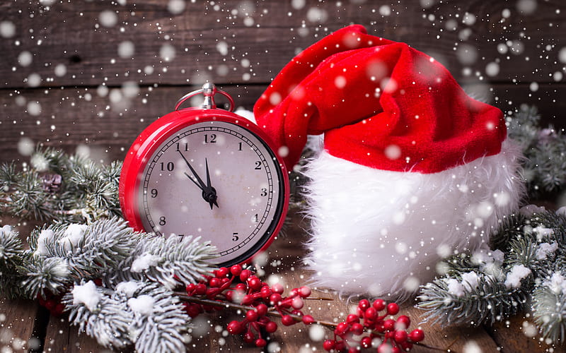 Midnight, Christmas, Midnight New Year, red alarm clock, Happy New Year, Christmas background, Santa Claus red hat, HD wallpaper