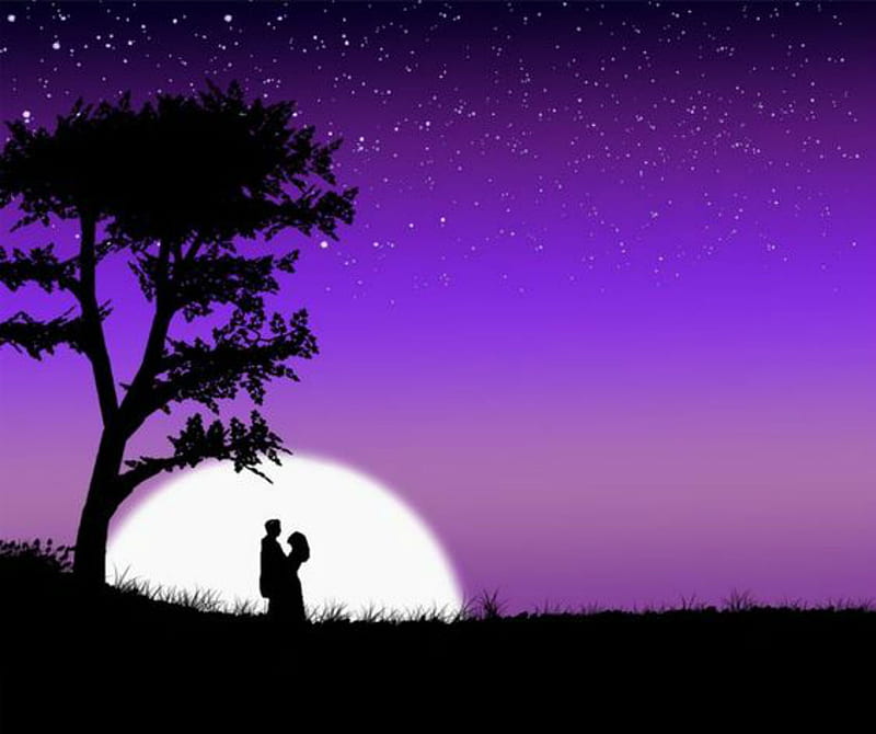 You and I, full moon, purple, night, stars, tree, silhouette, couple ...