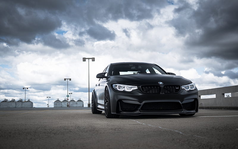 BMW M3, F80, 2018, exterior, black matte M3, front view, black wheels, tuning M3, sports cars, BMW, HD wallpaper