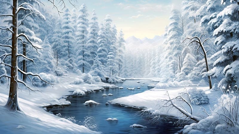 Snowfall in the winter forest, hegy, havas hegyek, erdo, folyo, havas erdo, ho, tel, havas fak, evad, havazas, HD wallpaper