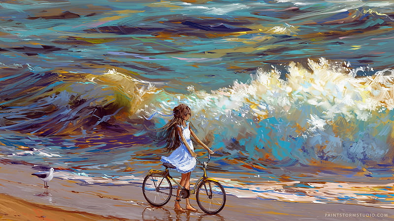 On the beach, bycicle, hangmoon, sea, art, luminos, wave, beach, vara, fantasy, water, girl, summer, HD wallpaper
