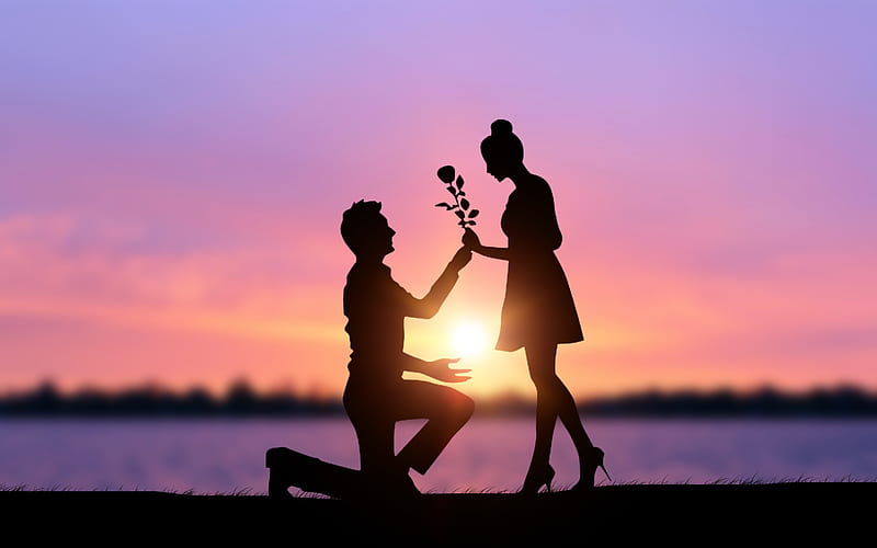 Romantic lover confession sunset silhouette, HD wallpaper