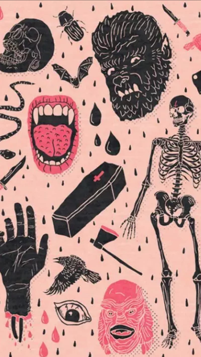 Oooh Spooky, black, cute, monsters, pastel goth, pink, skeleton, skull, spooky, vampire, HD phone wallpaper