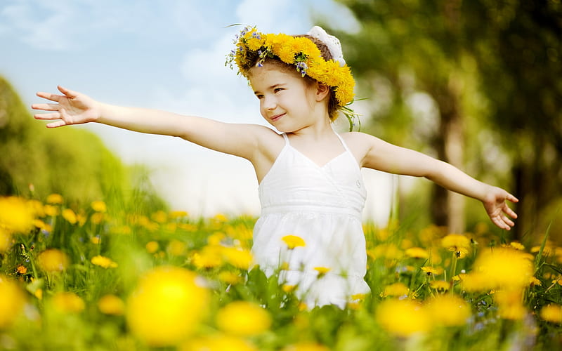THE SWEET SPRING, kid, girl, enjoyment, flowers, yellow, spring, happy, field, HD wallpaper
