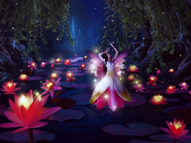 Forest Fairy, stream, lotus, sky, woman, lake, water, fairy, night, flower dress, HD wallpaper