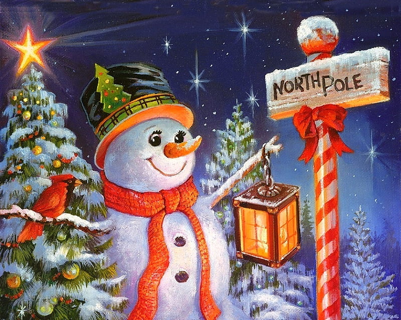 Christmas North Pole, stars, Christmas, holidays, lantern, love four seasons, Christmas Trees, attractions in dreams, snowman, xmas and new year, winter, snow, winter holidays, cardinal, HD wallpaper