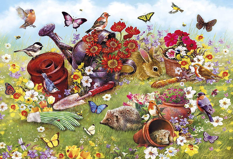 In the Garden, chickadees, watering can, rabbit, hedgehog, painting, birds, flowers, butterflies, HD wallpaper