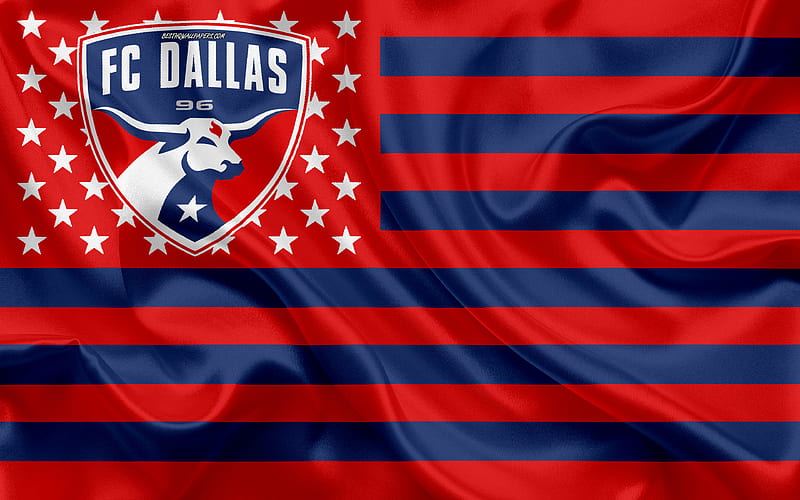 FC Dallas, golden logo, MLS, red metal background, american soccer club, Dallas  FC, HD wallpaper