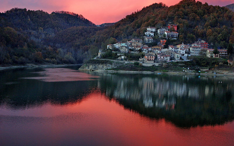 Italy, lake, sunset, mountains, village, Europe, HD wallpaper