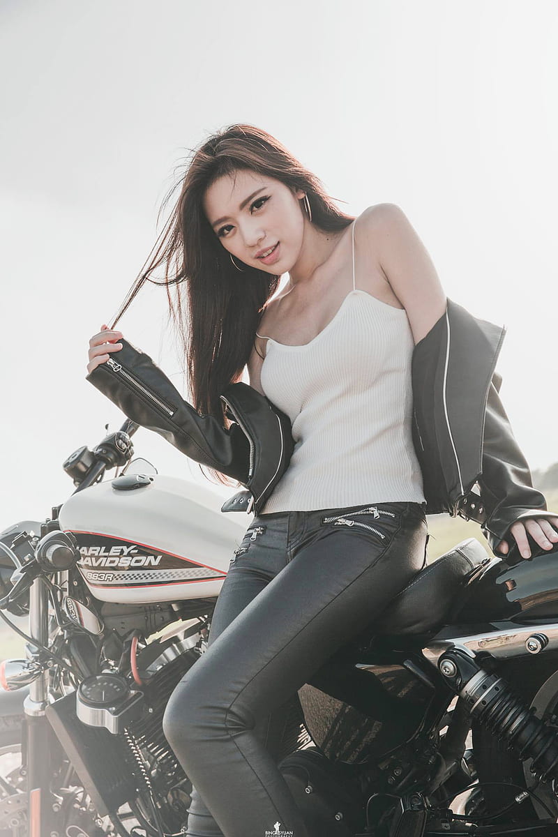 Kiki Hsieh, brunette, Asian, women, model, leather pants , women with bikes, leather jackets, holding hair, motorcycle, tank top, Harley Davidson, women outdoors, portrait display, Chinese model, Chinese, HD phone wallpaper