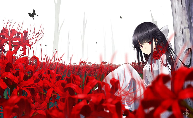 red eyes, anime girl, butterfly, flowers, black hair, white dress, Anime, HD wallpaper