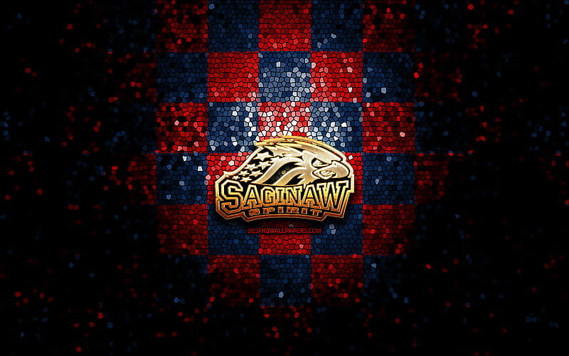 Saginaw Spirit, glitter logo, OHL, blue red checkered background, hockey, canadian hockey team, Saginaw Spirit logo, mosaic art, Canada, HD wallpaper