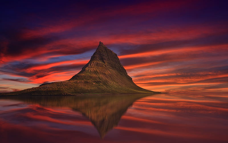 Kirkjufell Mount, sunset Icelandic landmarks, Europe, Abenrot, Iceland, HD wallpaper