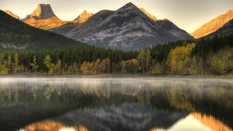 mystical lake, mountain, forest, reflection, lake, mist, HD wallpaper