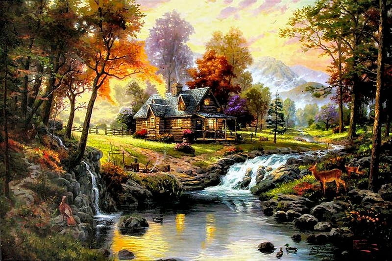 River, house, oil, painting, nature, HD wallpaper