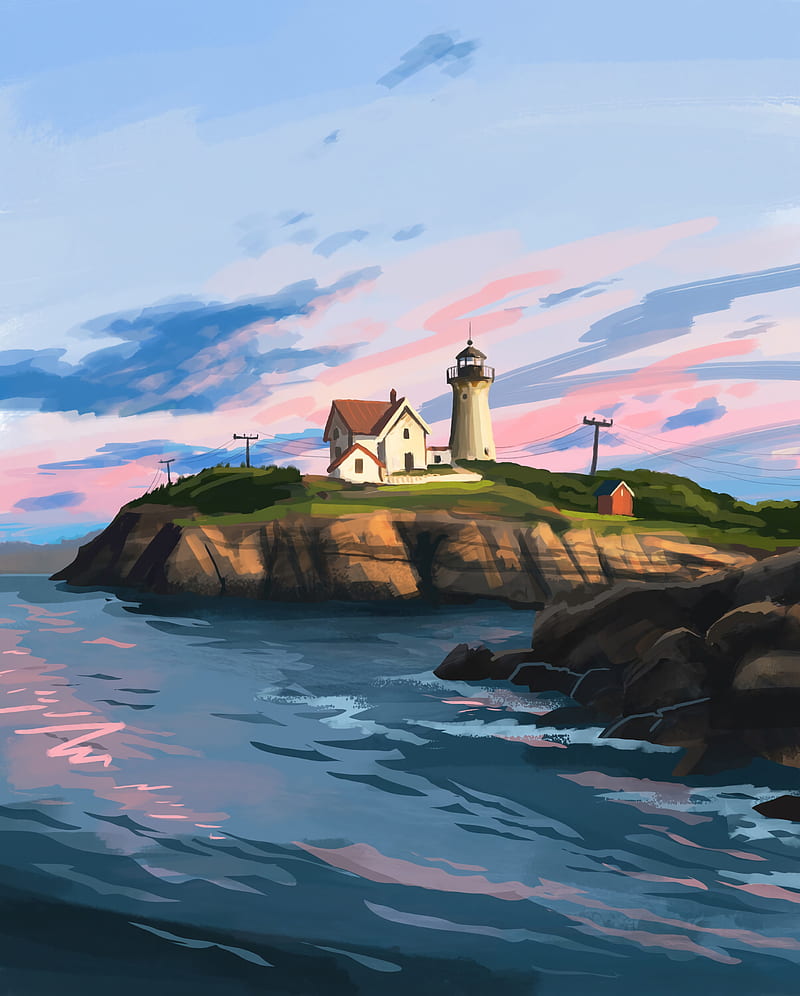 lighthouse, house, rocks, art, HD phone wallpaper