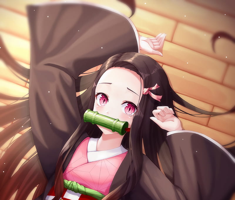 Kamado nezuko, cute, long hair, black dress, kimetsu no yaiba, Anime