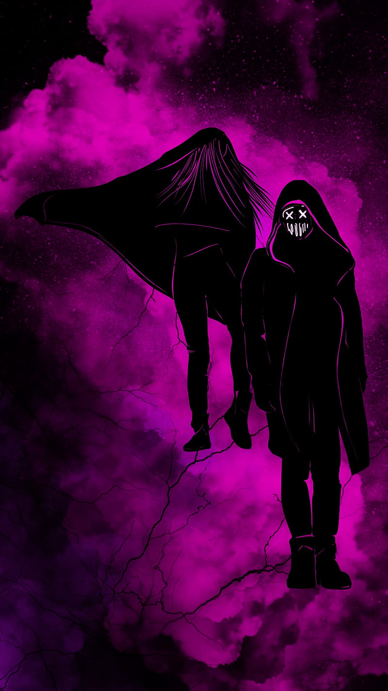 darkness figure lightning, anonymous, black, clouds, girl, guy, man, mask, pink, woman, HD phone wallpaper