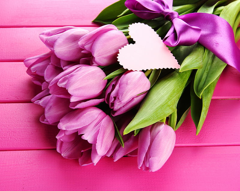Tulips, bouquet, flowers, heart, love, purple tulip, wood, HD wallpaper