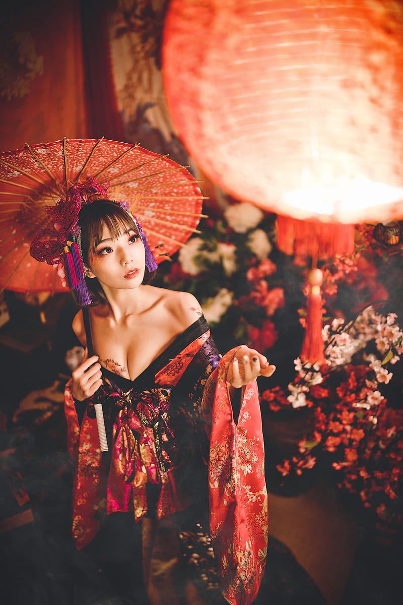 Asian, umbrella, women, model, tattoo, HD phone wallpaper