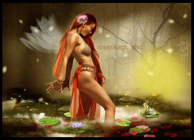 **A T T R A C T I V E**, pretty, women, sweet, fantasy, splendor, love, flowers, face, petals roses, lovely, abstract, lips, cute, frog, cool, eyes, Arabian girl, colorful, lotus, dress, splendid, manipulation, bonito, digital art, hair, lotus pond, leaves, Roserika, girls, gorgeous, night, female, lilies, colors, enchanting, magical, backgrounds, HD wallpaper