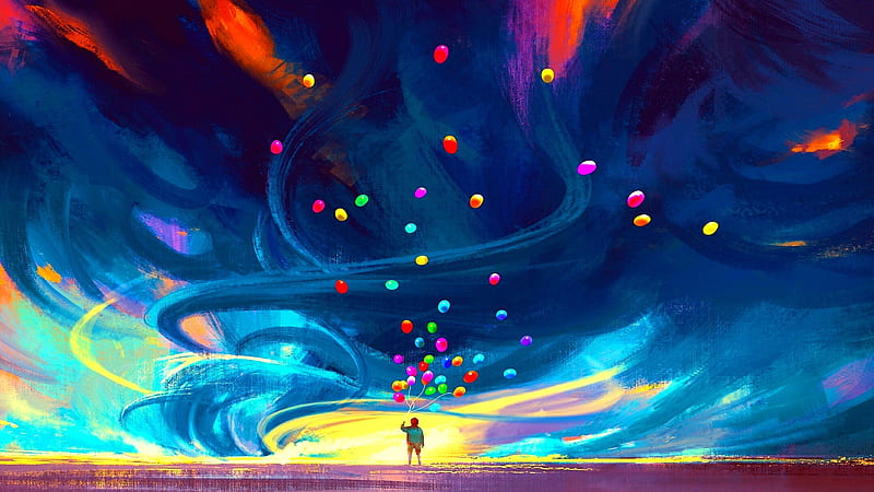 colorful landscape, balloons, tornado, field, boy, Landscape, HD wallpaper