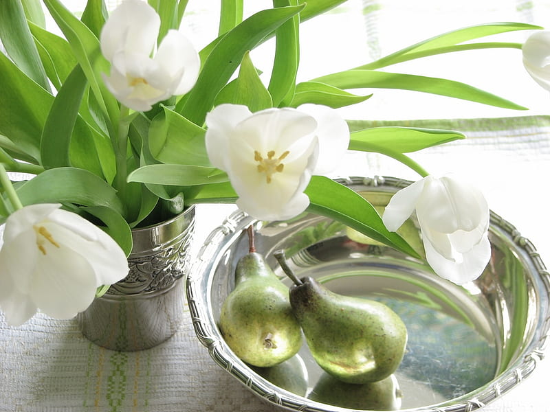 a sense of spring, fruits, vase, silver, still life, pears, flowers, plate, tulips, white, HD wallpaper